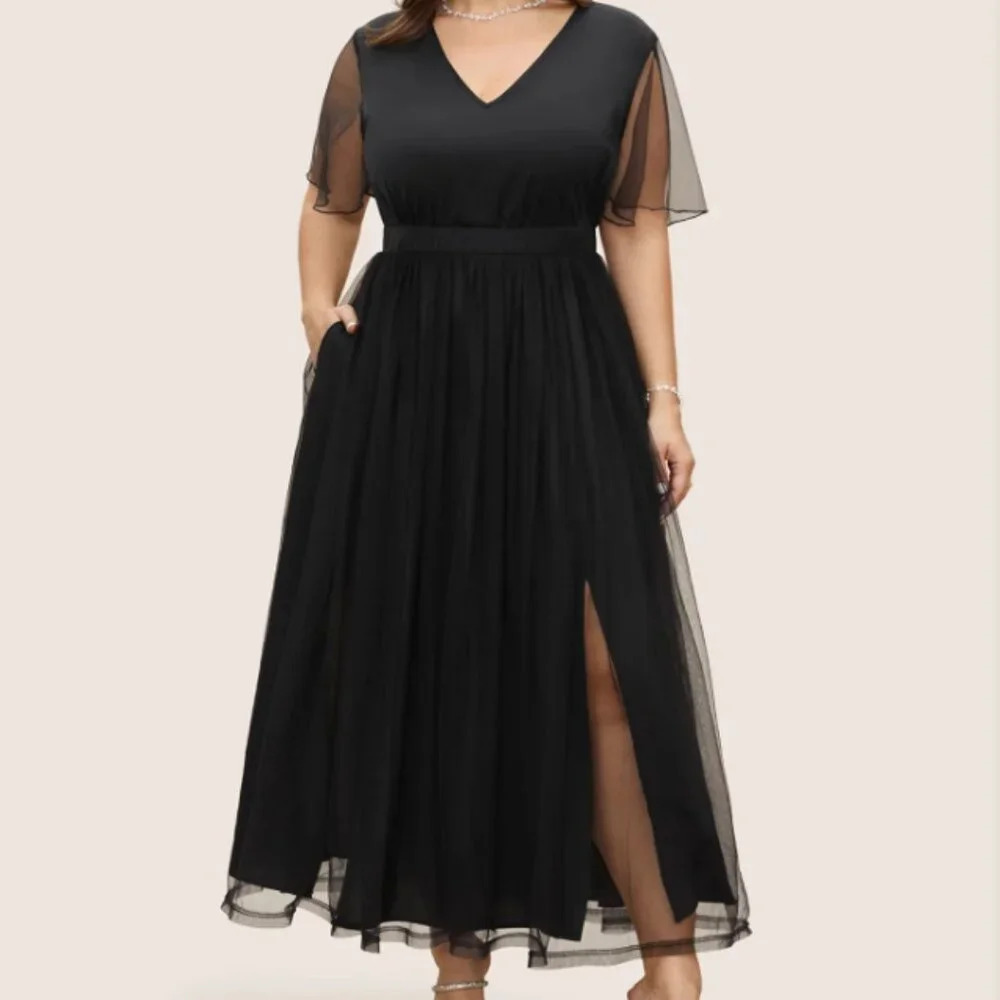 BloomChic Plus Size 3XL V Neck Mesh Patchwork Split Hem Dress - Picture 3 of 4